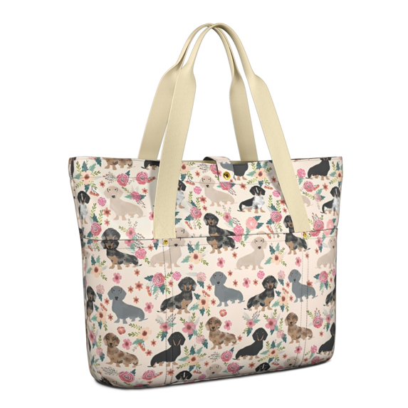Tote Bag for Women - Dachshund and Flower Shoulder Bag - Large Utility Work Duffle Bag with Zipper Handbag for Travel, Work, Sprots