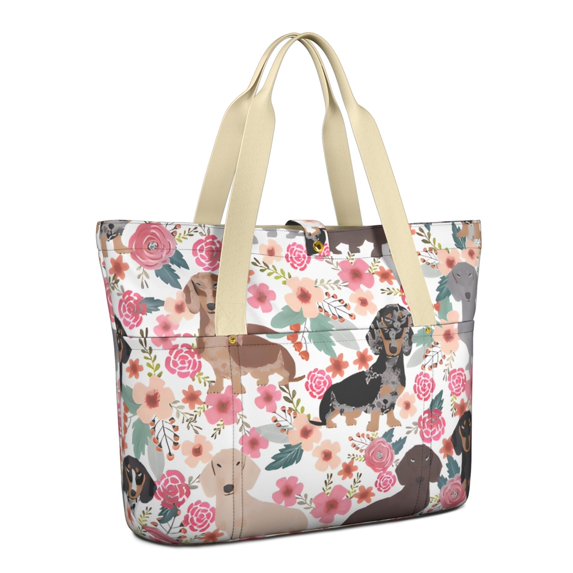 Tote Bag for Women - Dachshund and Flower Shoulder Bag - Large Utility Work Duffle Bag with Zipper Handbag for Travel, Work, Sprots