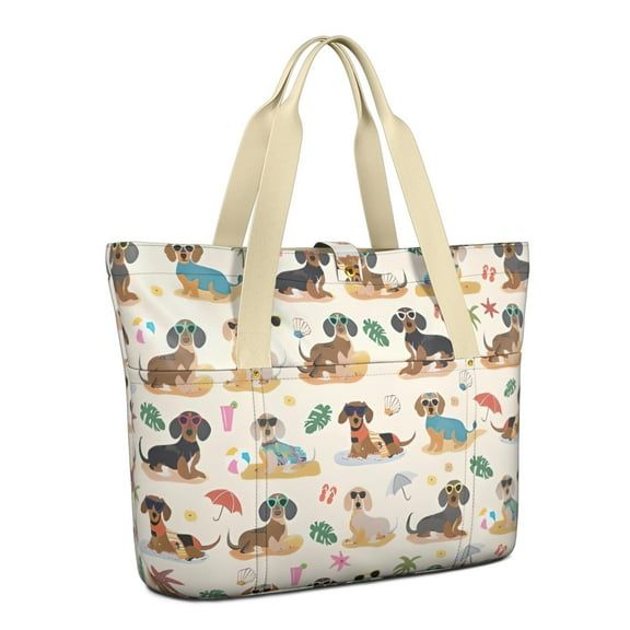 Tote Bag for Women - Dachshunds on the Beach Shoulder Bag - Large Utility Work Duffle Bag with Zipper Handbag for Travel, Work, Sprots