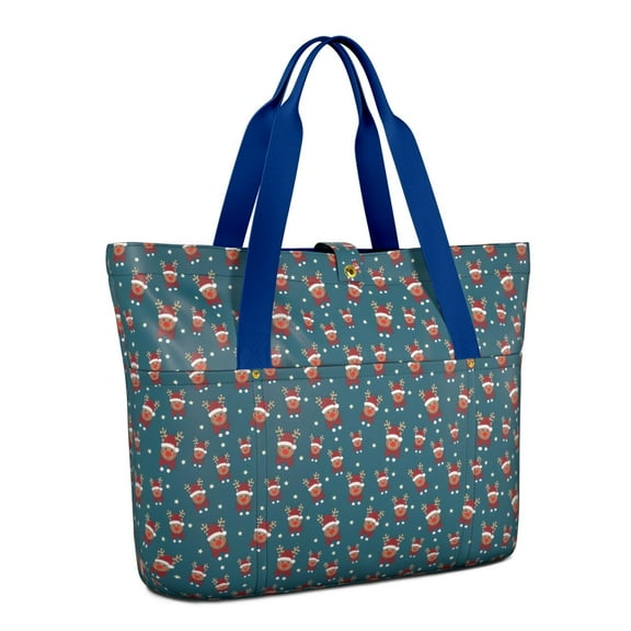 Tote Bag for Women - Dark Blue Christmas Reindeer Pattern Shoulder Bag - Large Utility Work Duffle Bag with Zipper Handbag for Travel, Work, Sprots