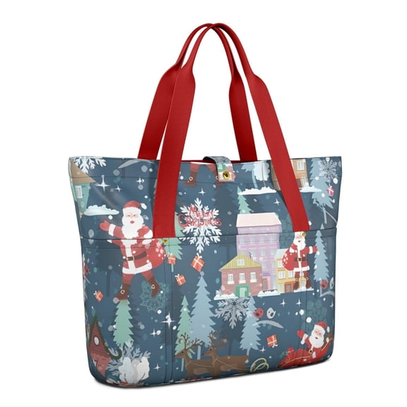 Tote Bag for Women - Dark Blue Christmas Santa Pattern Shoulder Bag - Large Utility Work Duffle Bag with Zipper Handbag for Travel, Work, Sprots