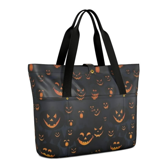 Tote Bag for Women - Dark Blue Halloween Pumpkin Faces Shoulder Bag - Large Utility Work Duffle Bag with Zipper Handbag for Travel, Work, Sprots