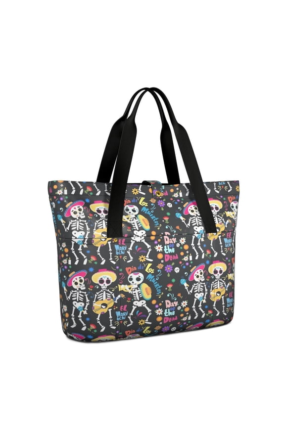 Tote Bag for Women - Day Of the Dead Halloween Pattern Shoulder Bag - Large Utility Work Duffle Bag with Zipper Handbag for Travel, Work, Sprots