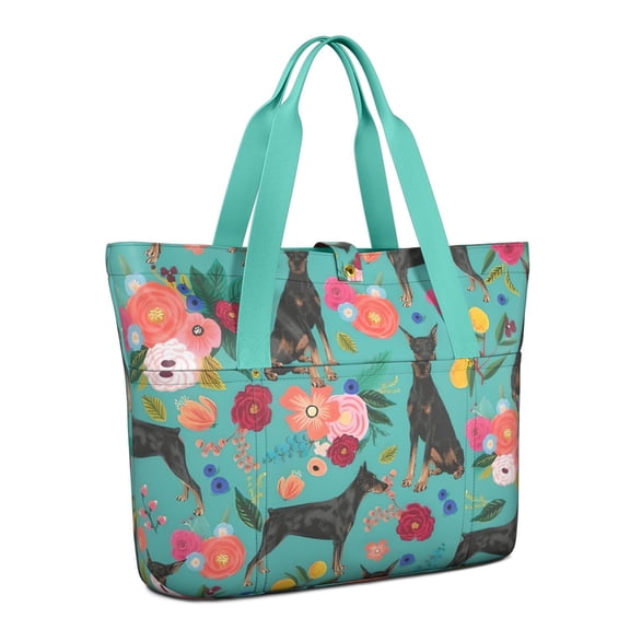 Tote Bag for Women - Doberman Dog Pattern with Flowers Shoulder Bag - Large Utility Work Duffle Bag with Zipper Handbag for Travel, Work, Sprots