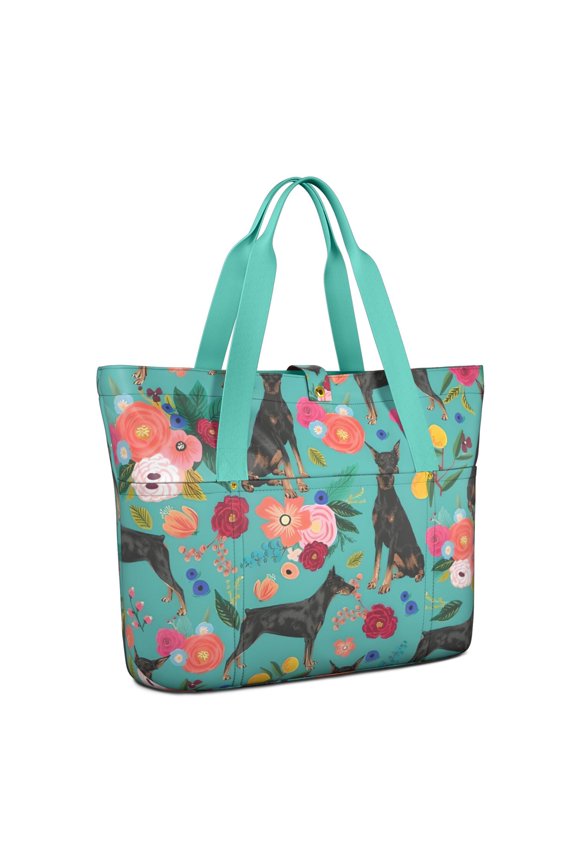 Tote Bag for Women - Doberman Dog Pattern with Flowers Shoulder Bag - Large Utility Work Duffle Bag with Zipper Handbag for Travel, Work, Sprots