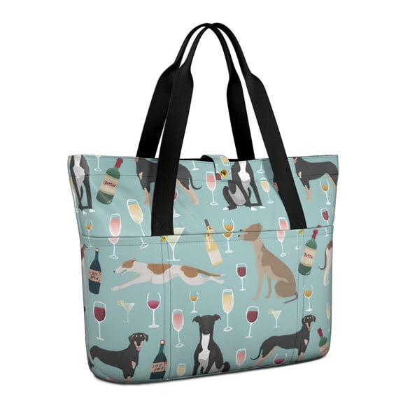 Tote Bag for Women - Dogs with Wine and Glasses Shoulder Bag - Large Utility Work Duffle Bag with Zipper Handbag for Travel, Work, Sprots