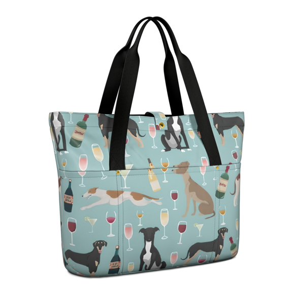Tote Bag for Women - Dogs with Wine and Glasses Shoulder Bag - Large Utility Work Duffle Bag with Zipper Handbag for Travel, Work, Sprots