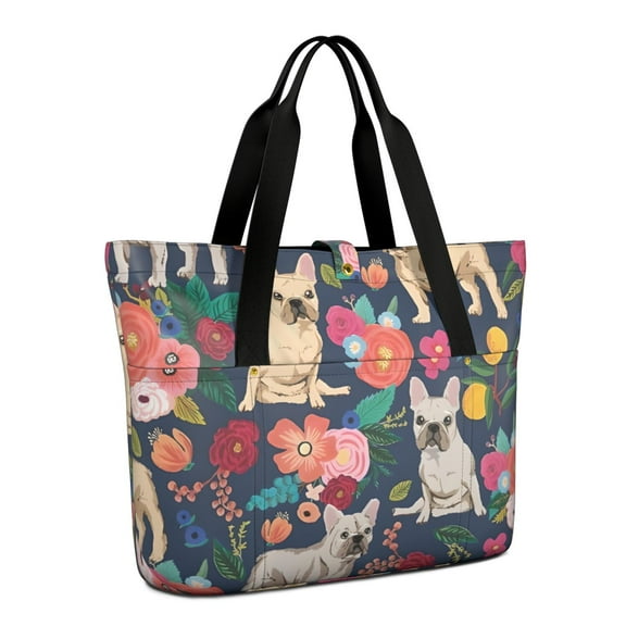 Tote Bag for Women - French Bulldog Dog and Flower Shoulder Bag - Large Utility Work Duffle Bag with Zipper Handbag for Travel, Work, Sprots