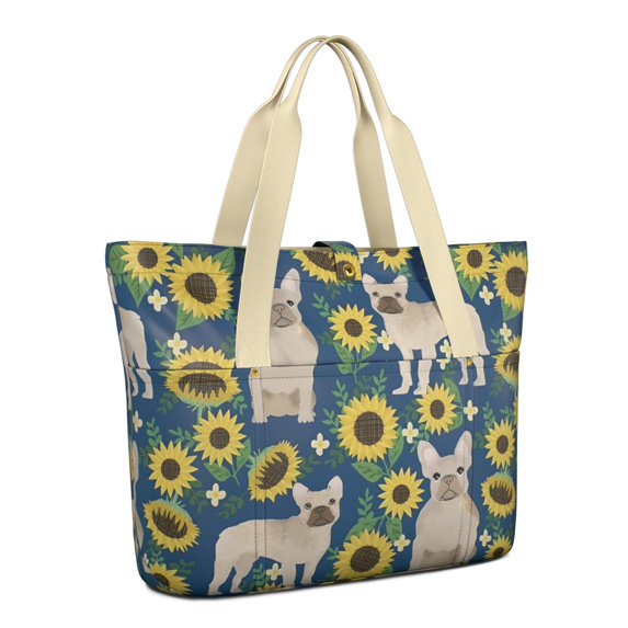 Tote Bag for Women - French Bulldog Sunflowers Floral Shoulder Bag - Large Utility Work Duffle Bag with Zipper Handbag for Travel, Work, Sprots