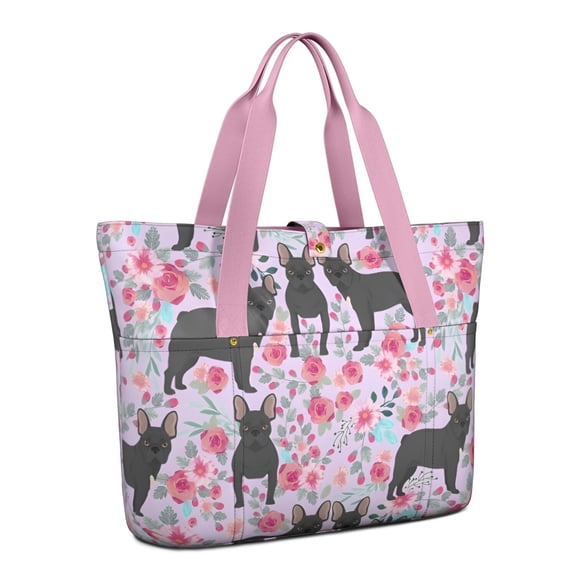 Tote Bag for Women - French Bulldog and Flower Shoulder Bag - Large Utility Work Duffle Bag with Zipper Handbag for Travel, Work, Sprots