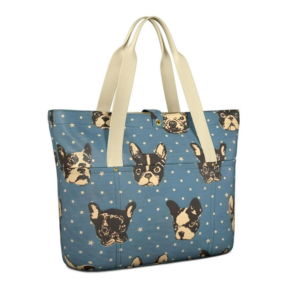 Tote Bag for Women - French Bulldogs Blue Shoulder Bag - Large Utility Work Duffle Bag with Zipper Handbag for Travel, Work, Sprots