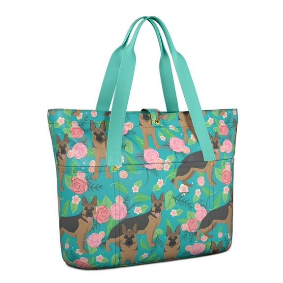 Tote Bag for Women - German Shepherd Dog and Flower Shoulder Bag - Large Utility Work Duffle Bag with Zipper Handbag for Travel, Work, Sprots