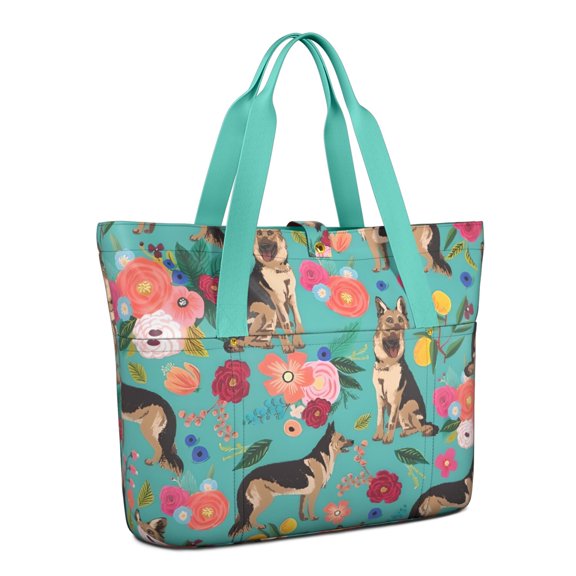 Tote Bag for Women - German Shepherd Dog and Flower Shoulder Bag - Large Utility Work Duffle Bag with Zipper Handbag for Travel, Work, Sprots