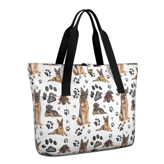 Tote Bag for Women - German Shepherd Dog and Footprint Shoulder Bag - Large Utility Work Duffle Bag with Zipper Handbag for Travel, Work, Sprots