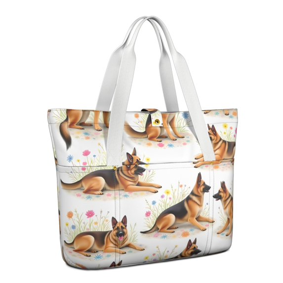 Tote Bag for Women - German Shepherd Dogs with Flowers Shoulder Bag - Large Utility Work Duffle Bag with Zipper Handbag for Travel, Work, Sprots