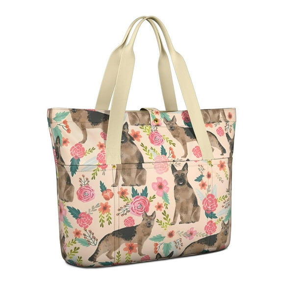 Tote Bag for Women - German Shepherd with Flowers Shoulder Bag - Large Utility Work Duffle Bag with Zipper Handbag for Travel, Work, Sprots