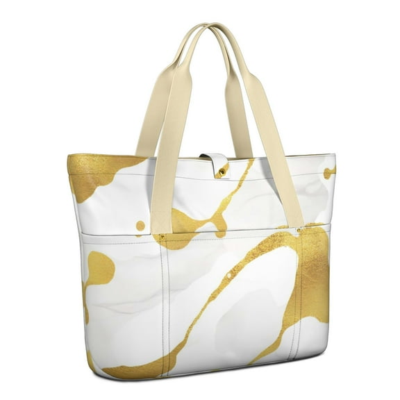 Tote Bag for Women - Gold and White Marble Shoulder Bag - Large Utility Work Duffle Bag with Zipper Handbag for Travel, Work, Sprots