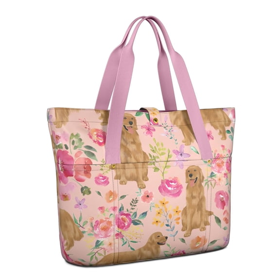 Tote Bag for Women - Golden Retriever with Flowers Shoulder Bag - Large Utility Work Duffle Bag with Zipper Handbag for Travel, Work, Sprots