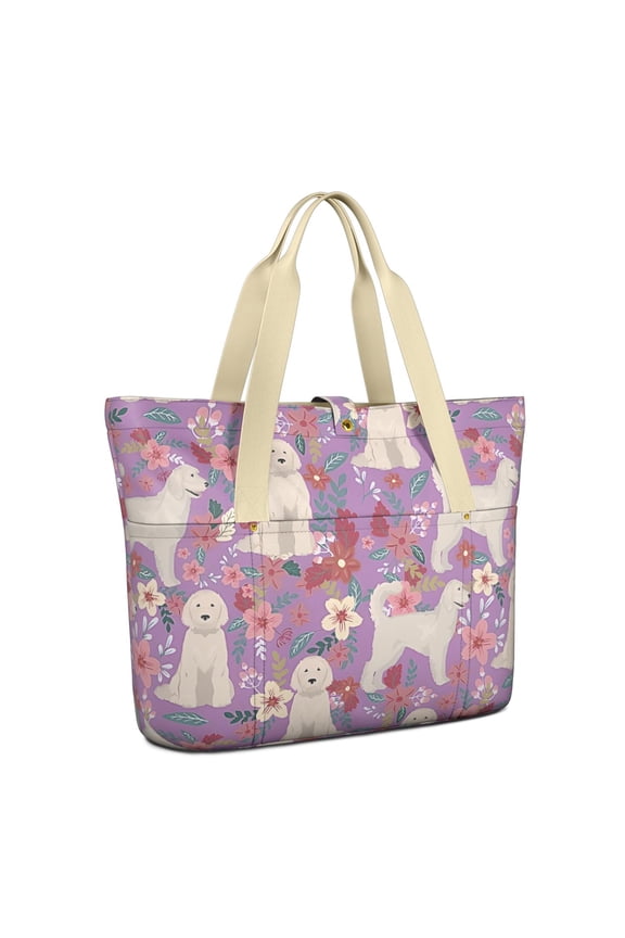 Tote Bag for Women - Goldendoodle Dog and Flower Floral Shoulder Bag - Large Utility Work Duffle Bag with Zipper Handbag for Travel, Work, Sprots