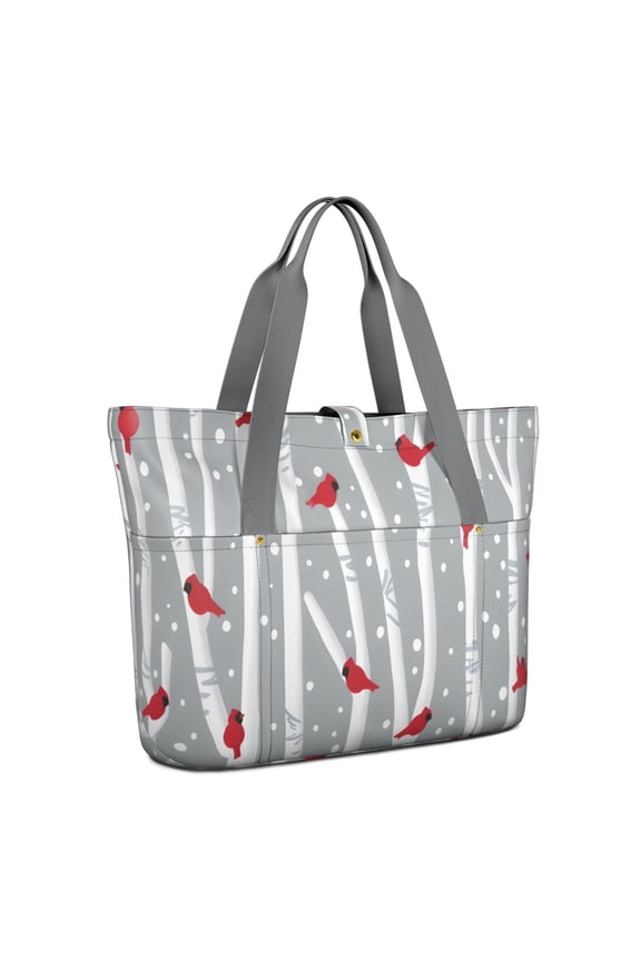 Tote Bag for Women - Gray Christmas Cardinal Bird Pattern Shoulder Bag - Large Utility Work Duffle Bag with Zipper Handbag for Travel, Work, Sprots