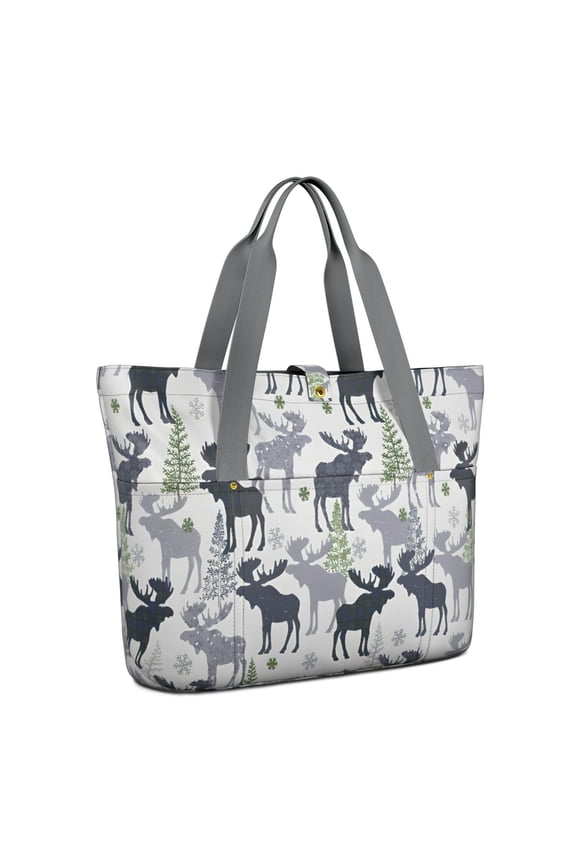 Tote Bag for Women - Gray Christmas Moose and Tree Pattern Shoulder Bag - Large Utility Work Duffle Bag with Zipper Handbag for Travel, Work, Sprots
