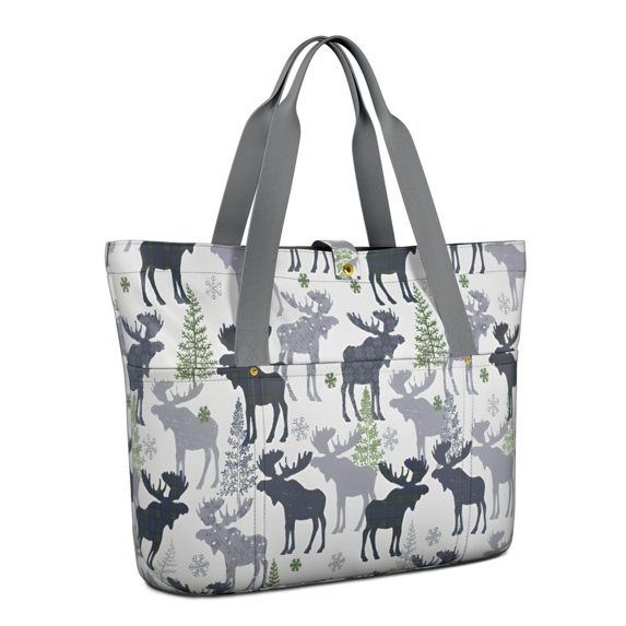 Tote Bag for Women - Gray Christmas Moose and Tree Pattern Shoulder Bag - Large Utility Work Duffle Bag with Zipper Handbag for Travel, Work, Sprots