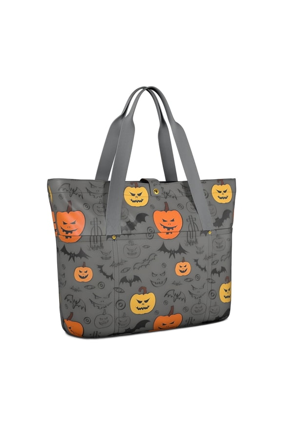 Tote Bag for Women - Gray Halloween Pumpkins Bats and Faces Shoulder Bag - Large Utility Work Duffle Bag with Zipper Handbag for Travel, Work, Sprots