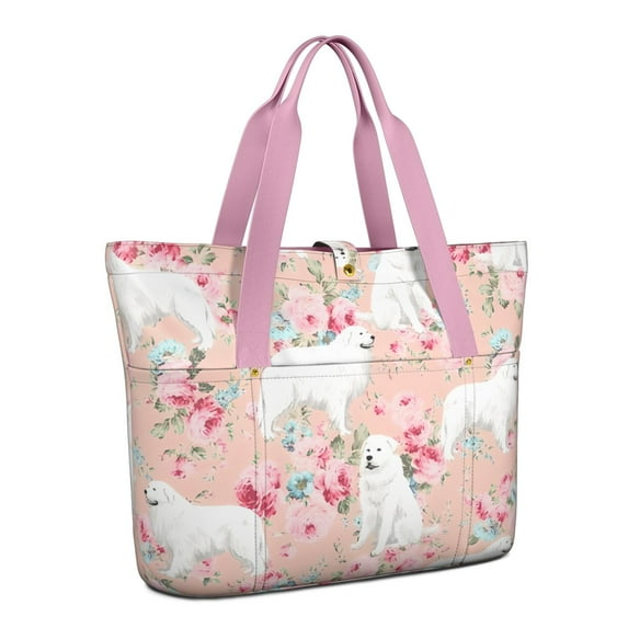 Tote Bag for Women - Great Pyrenees Dog and Flower Shoulder Bag - Large Utility Work Duffle Bag with Zipper Handbag for Travel, Work, Sprots