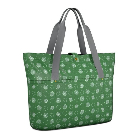 Tote Bag for Women - Green Christmas Snowflake Pattern Shoulder Bag - Large Utility Work Duffle Bag with Zipper Handbag for Travel, Work, Sprots
