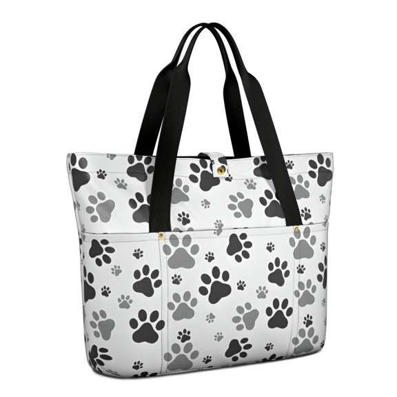 Tote Bag for Women - Grey Dog Paw Footprint Shoulder Bag - Large Utility Work Duffle Bag with Zipper Handbag for Travel, Work, Sprots