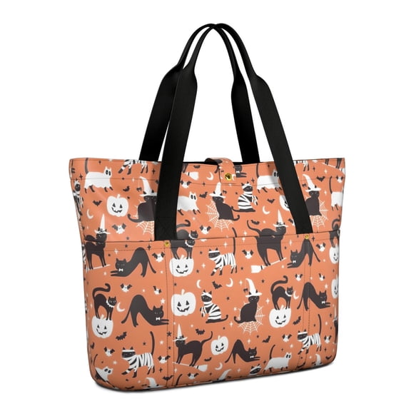 Tote Bag for Women - Halloween Cat Pattern Shoulder Bag - Large Utility Work Duffle Bag with Zipper Handbag for Travel, Work, Sprots