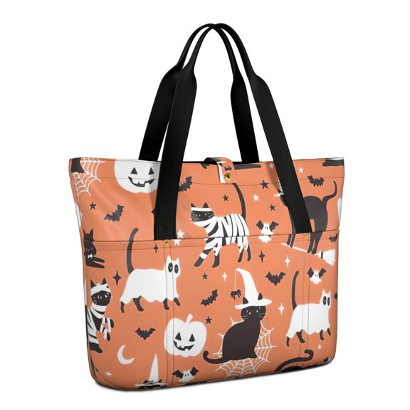 Tote Bag for Women - Halloween Cat Pattern Shoulder Bag - Large Utility Work Duffle Bag with Zipper Handbag for Travel, Work, Sprots