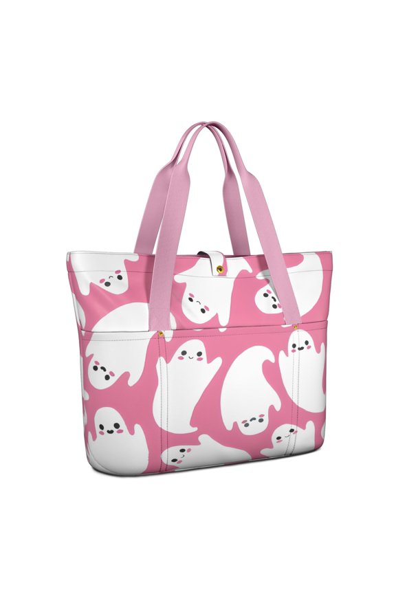 Tote Bag for Women - Halloween Cute Ghosts on Pink Pattern Shoulder Bag - Large Utility Work Duffle Bag with Zipper Handbag for Travel, Work, Sprots