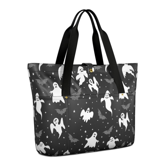 Tote Bag for Women - Halloween Ghost Bat Star Pattern Shoulder Bag - Large Utility Work Duffle Bag with Zipper Handbag for Travel, Work, Sprots