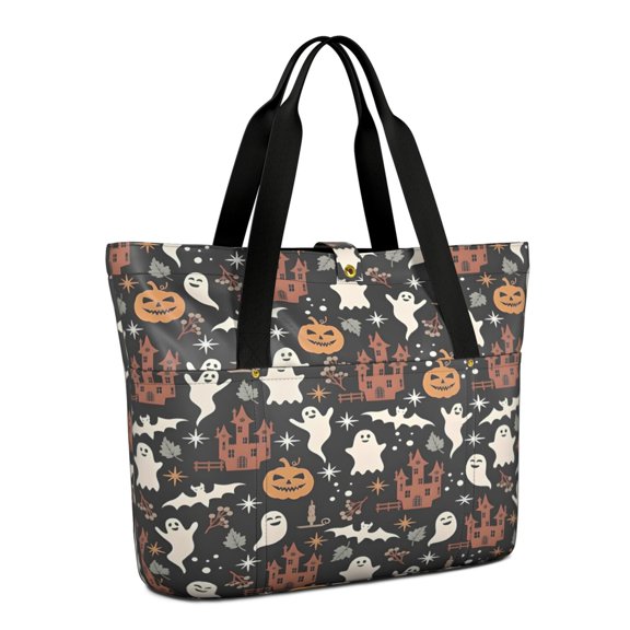 Tote Bag for Women - Halloween Ghosts Castles and Pumpkins Shoulder Bag - Large Utility Work Duffle Bag with Zipper Handbag for Travel, Work, Sprots