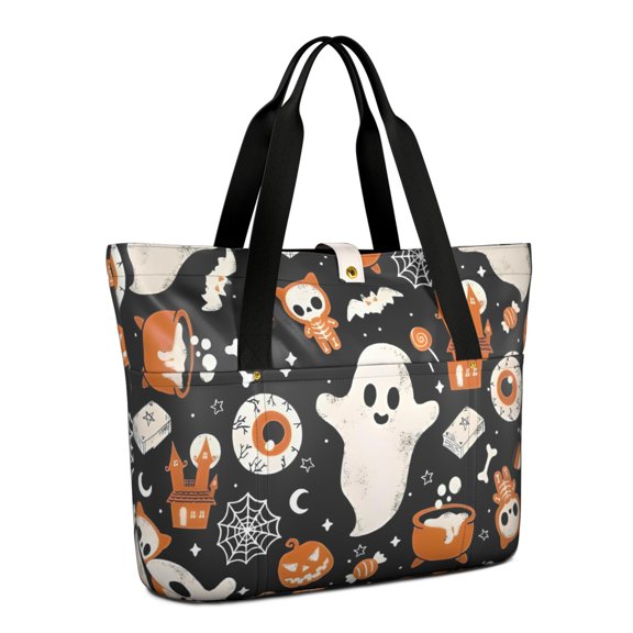 Tote Bag for Women - Halloween Ghosts and Spooky Elements Shoulder Bag - Large Utility Work Duffle Bag with Zipper Handbag for Travel, Work, Sprots