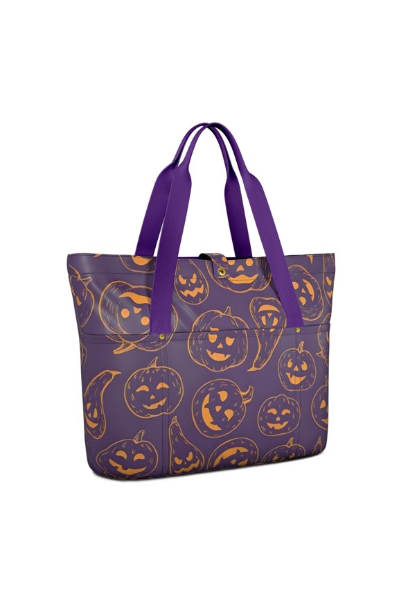 Tote Bag for Women - Halloween Orange Pumpkins on Purple Shoulder Bag - Large Utility Work Duffle Bag with Zipper Handbag for Travel, Work, Sprots