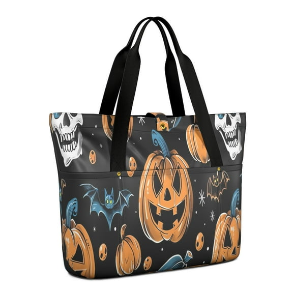 Tote Bag for Women - Halloween Pumpkin Skull Pattern Shoulder Bag - Large Utility Work Duffle Bag with Zipper Handbag for Travel, Work, Sprots