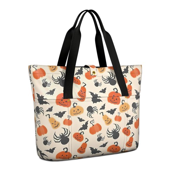 Tote Bag for Women - Halloween Pumpkins Bats and Spiders Shoulder Bag - Large Utility Work Duffle Bag with Zipper Handbag for Travel, Work, Sprots