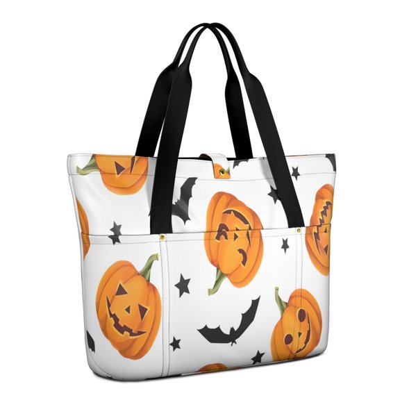 Tote Bag for Women - Halloween Pumpkins Bats and Stars Shoulder Bag - Large Utility Work Duffle Bag with Zipper Handbag for Travel, Work, Sprots