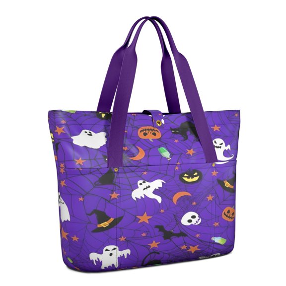 Tote Bag for Women - Halloween Purple Spider Web Pattern Shoulder Bag - Large Utility Work Duffle Bag with Zipper Handbag for Travel, Work, Sprots