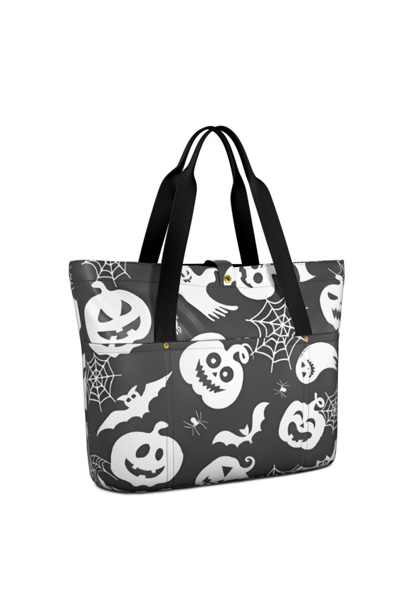 Tote Bag for Women - Halloween Silhouette Icons Pattern Shoulder Bag - Large Utility Work Duffle Bag with Zipper Handbag for Travel, Work, Sprots