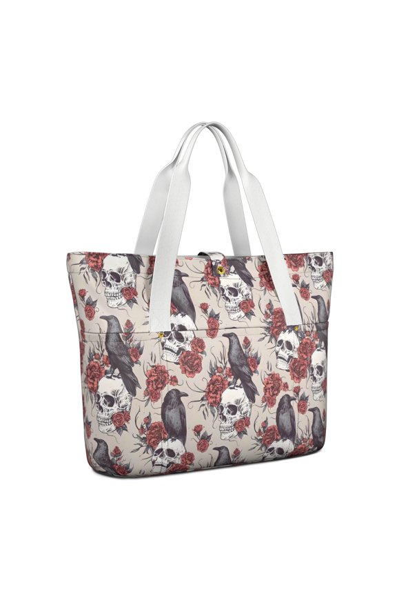 Tote Bag for Women - Halloween Skulls Ravens and Roses Shoulder Bag - Large Utility Work Duffle Bag with Zipper Handbag for Travel, Work, Sprots