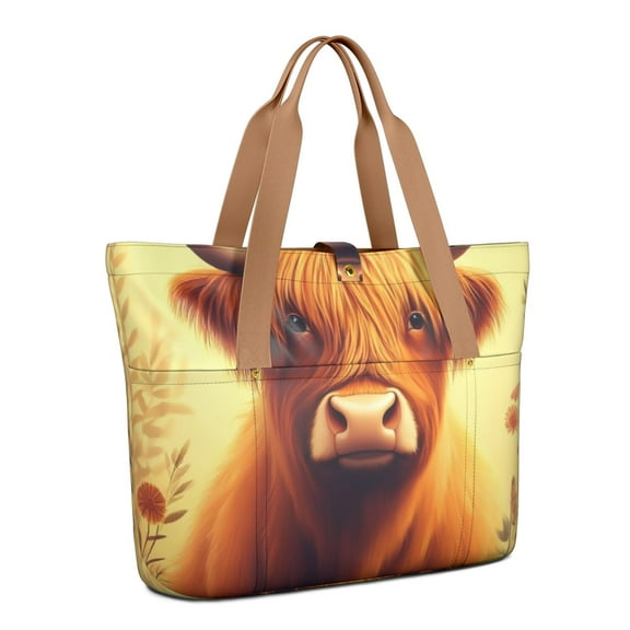Tote Bag for Women - Highland Cow Shoulder Bag - Large Utility Work Duffle Bag with Zipper Handbag for Travel, Work, Sprots