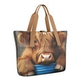 thumbnail image 1 of Tote Bag for Women - Highland Cow and Flowers Shoulder Bag - Large Utility Work Duffle Bag with Zipper Handbag for Travel, Work, Sprots, 1 of 5