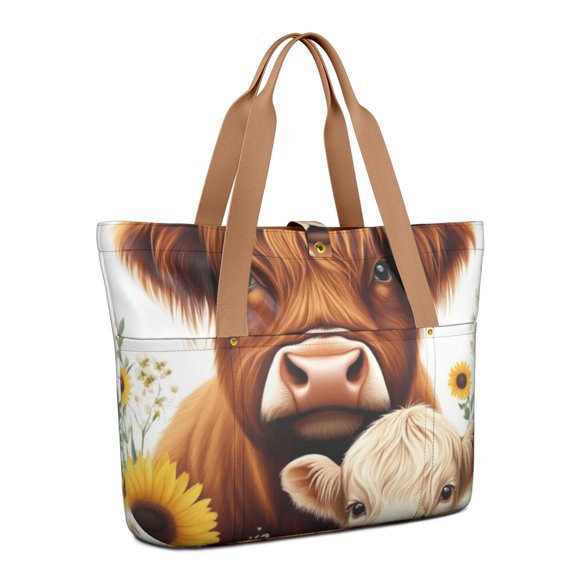 Tote Bag for Women - Highland Cow and Sunflower Shoulder Bag - Large Utility Work Duffle Bag with Zipper Handbag for Travel, Work, Sprots