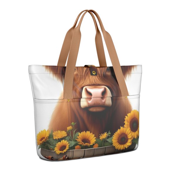 Tote Bag for Women - Highland Cow and Sunflower Shoulder Bag - Large Utility Work Duffle Bag with Zipper Handbag for Travel, Work, Sprots