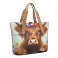 thumbnail image 1 of Tote Bag for Women - Highland Cow with Flowers Shoulder Bag - Large Utility Work Duffle Bag with Zipper Handbag for Travel, Work, Sprots, 1 of 5