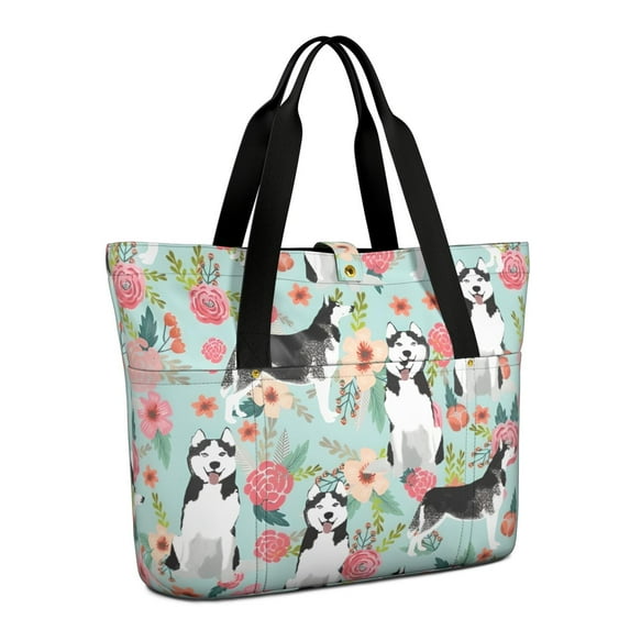 Tote Bag for Women - Husky and Flower Shoulder Bag - Large Utility Work Duffle Bag with Zipper Handbag for Travel, Work, Sprots