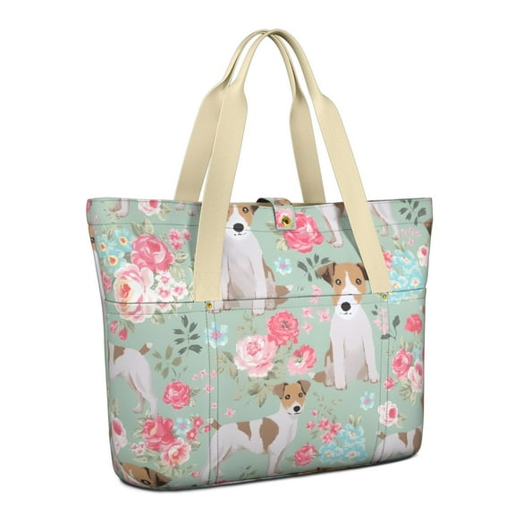 Tote Bag for Women - Jack Russell Terrier Dog and Flower Shoulder Bag - Large Utility Work Duffle Bag with Zipper Handbag for Travel, Work, Sprots
